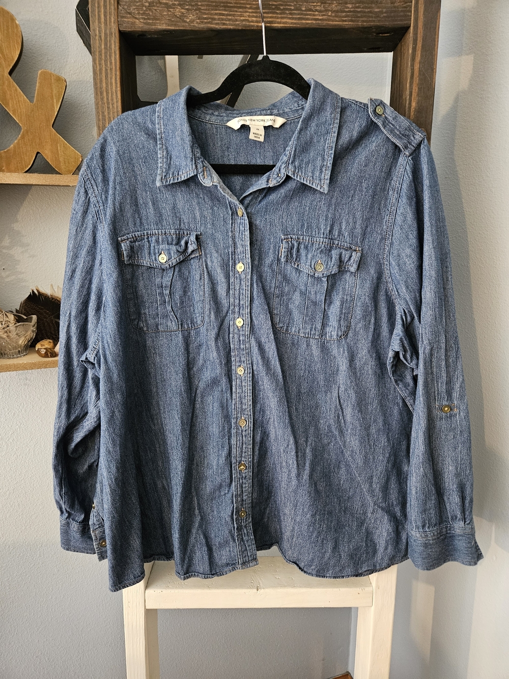 Jones New York Washed Denim Button-Front Blouse Woman's - Blue Size 2X
